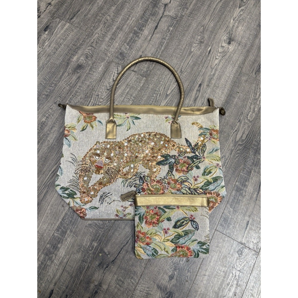 Y2K Signature Club A Tote beaded Tapestry Cheetah Cat  Large Tote Bag VTG
